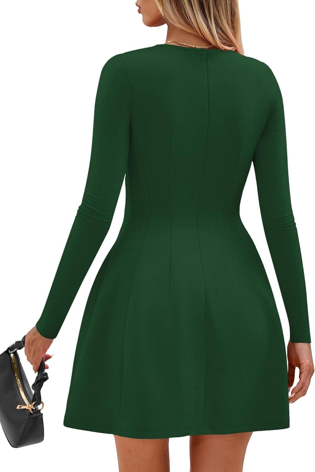 imagePRETTYGARDEN Long Sleeve Mini Dress for Women 2026 Spring Crewneck Knit Pleated Babydoll A Line Casual Short Party DressesGreen