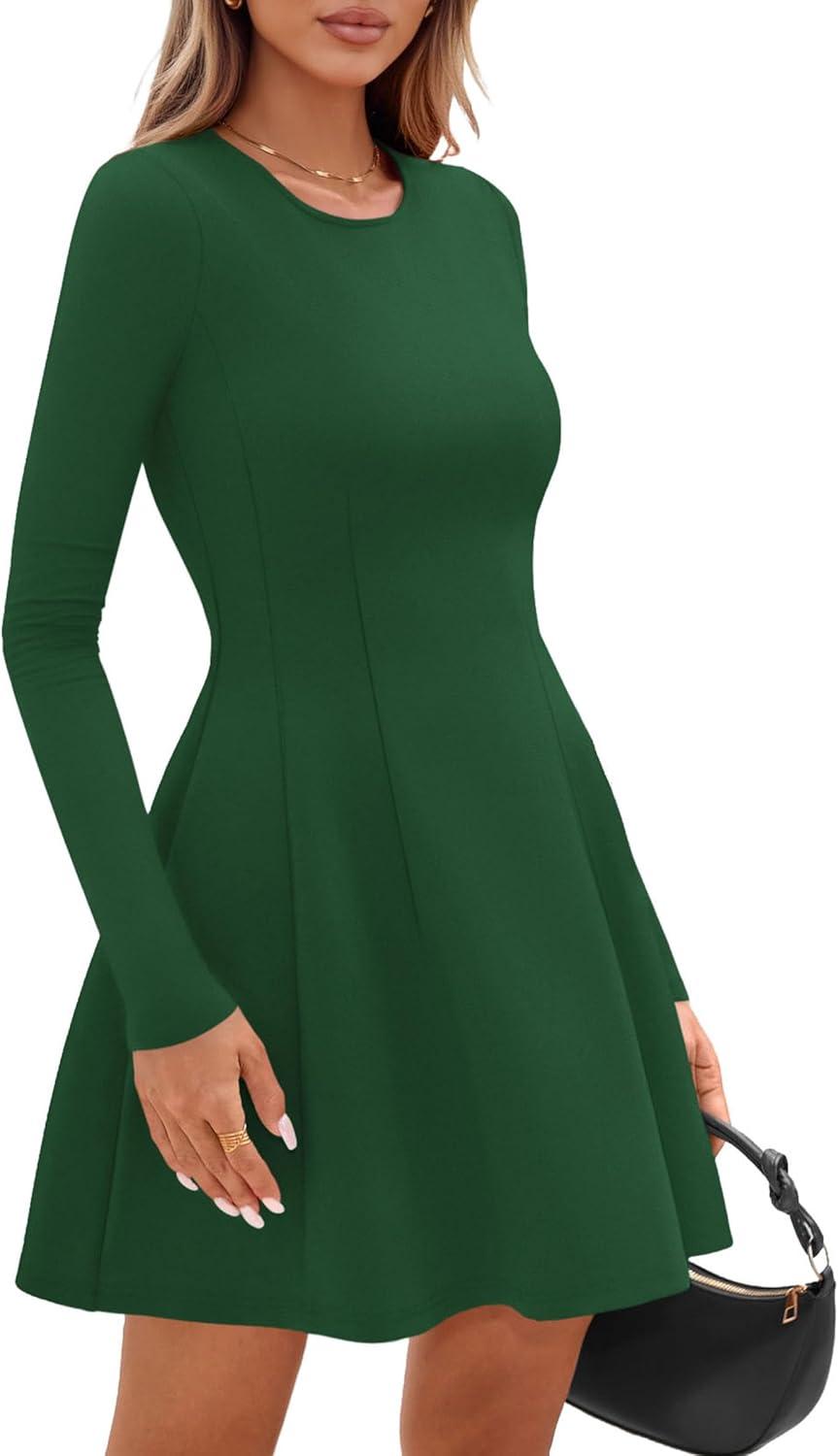 imagePRETTYGARDEN Long Sleeve Mini Dress for Women 2026 Spring Crewneck Knit Pleated Babydoll A Line Casual Short Party DressesGreen