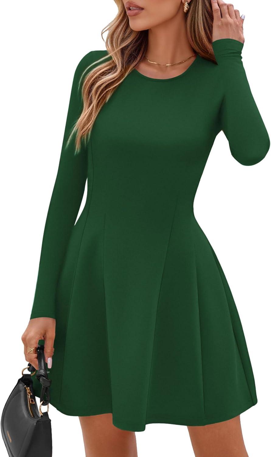 imagePRETTYGARDEN Long Sleeve Mini Dress for Women 2026 Spring Crewneck Knit Pleated Babydoll A Line Casual Short Party DressesGreen