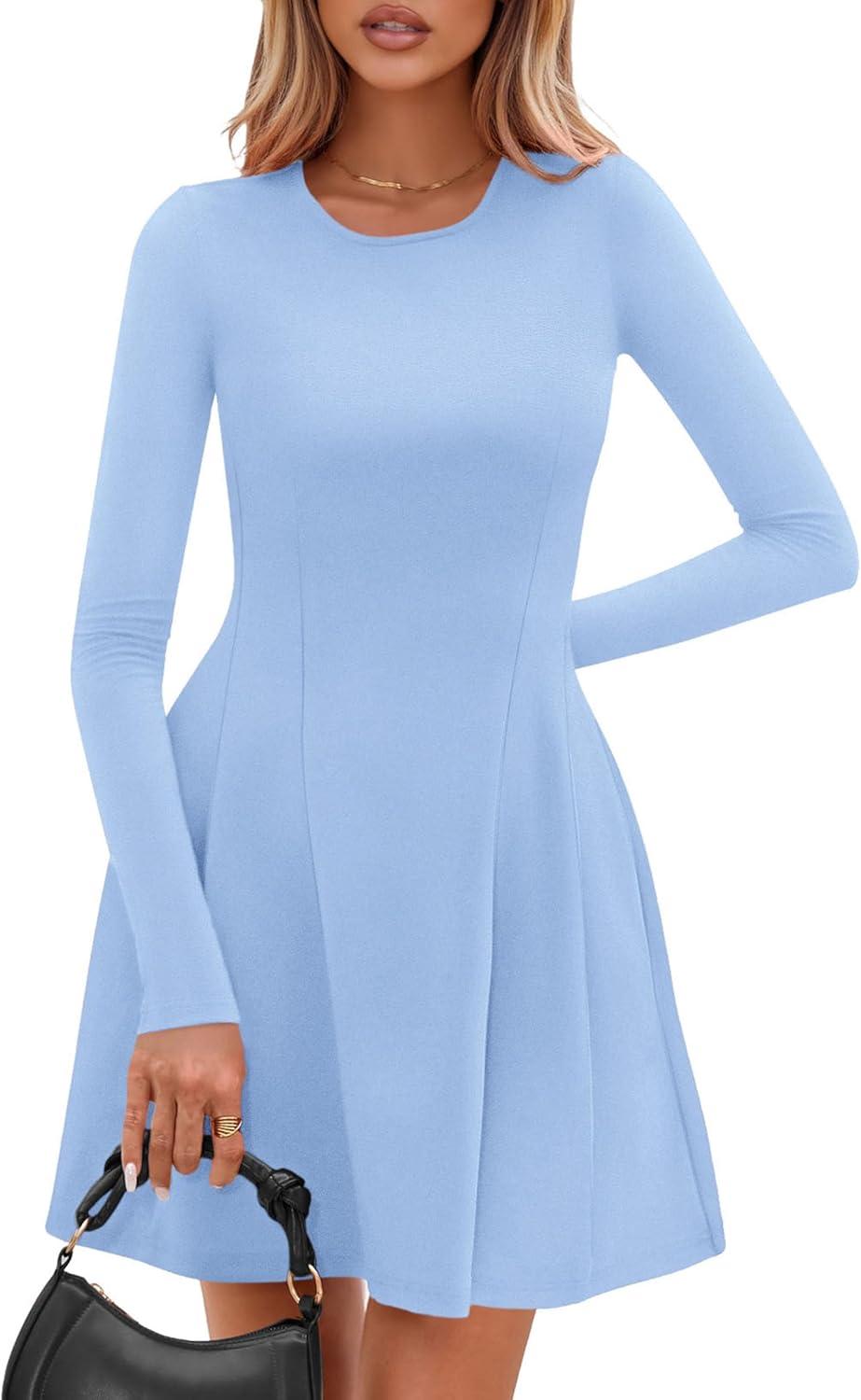 imagePRETTYGARDEN Long Sleeve Mini Dress for Women 2026 Spring Crewneck Knit Pleated Babydoll A Line Casual Short Party DressesLight Blue