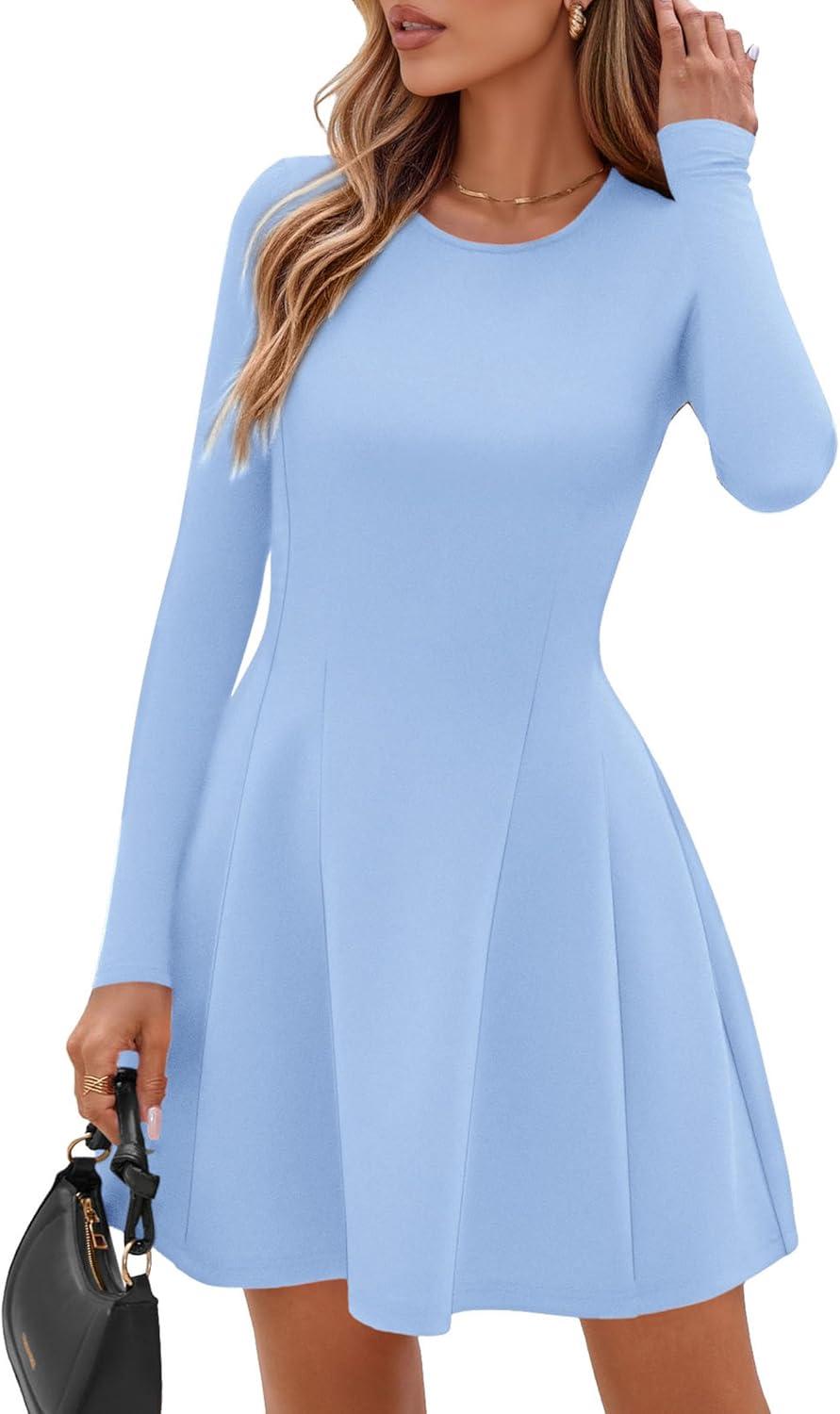 imagePRETTYGARDEN Long Sleeve Mini Dress for Women 2026 Spring Crewneck Knit Pleated Babydoll A Line Casual Short Party DressesLight Blue