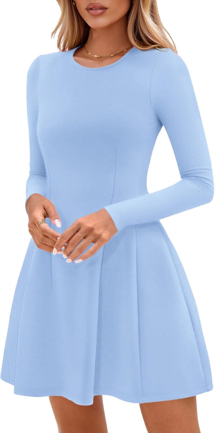 imagePRETTYGARDEN Long Sleeve Mini Dress for Women 2026 Spring Crewneck Knit Pleated Babydoll A Line Casual Short Party DressesLight Blue