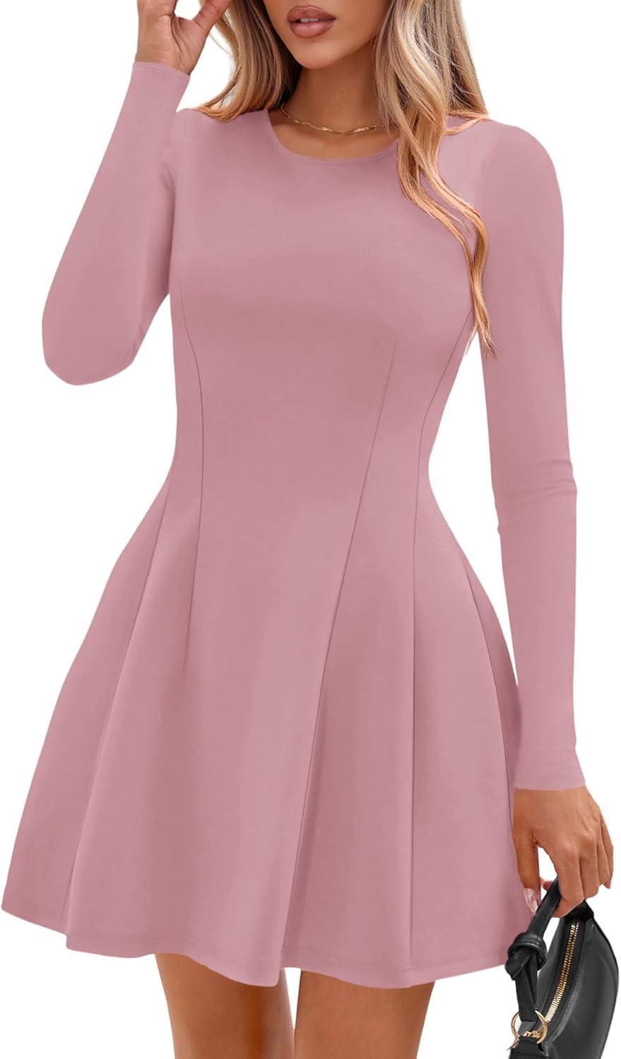 imagePRETTYGARDEN Long Sleeve Mini Dress for Women 2026 Spring Crewneck Knit Pleated Babydoll A Line Casual Short Party DressesPink