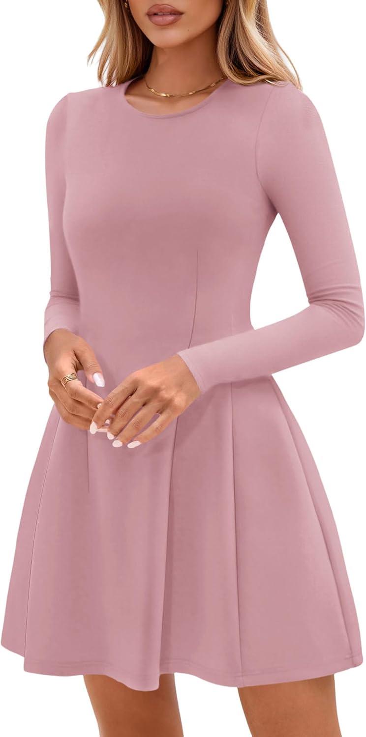 imagePRETTYGARDEN Long Sleeve Mini Dress for Women 2026 Spring Crewneck Knit Pleated Babydoll A Line Casual Short Party DressesPink