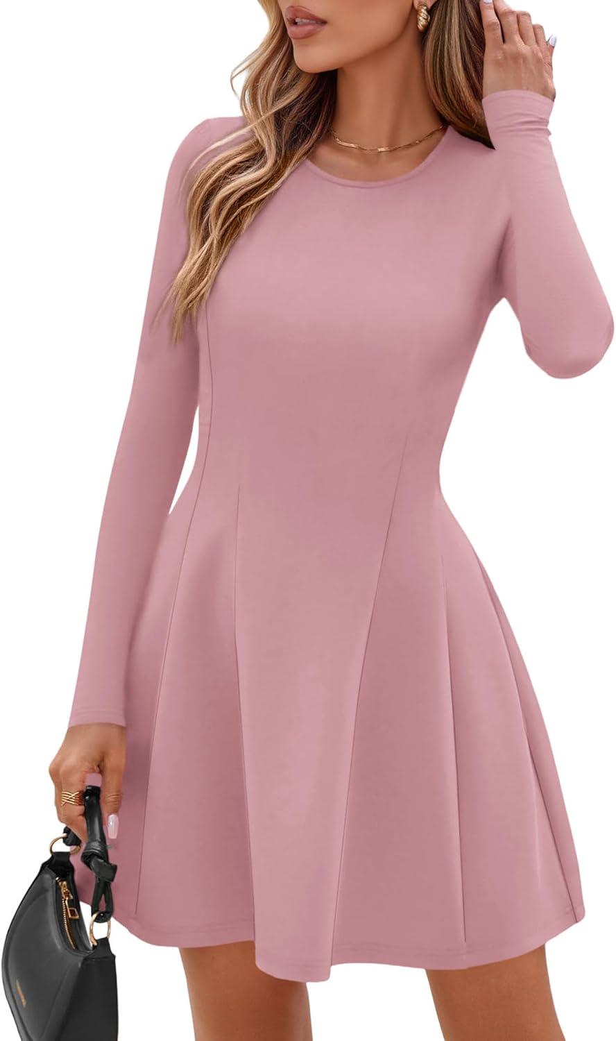 imagePRETTYGARDEN Long Sleeve Mini Dress for Women 2026 Spring Crewneck Knit Pleated Babydoll A Line Casual Short Party DressesPink