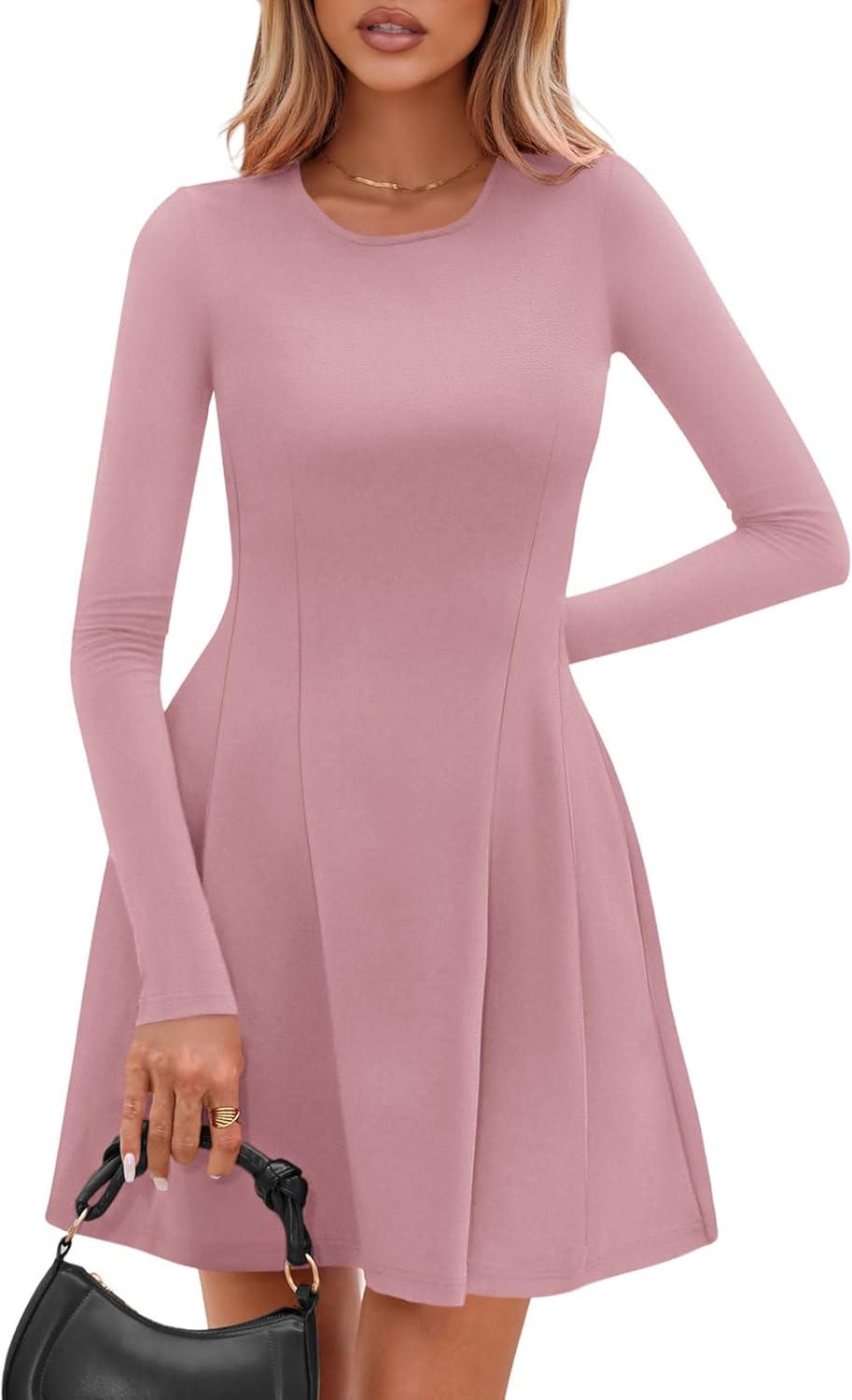 imagePRETTYGARDEN Long Sleeve Mini Dress for Women 2026 Spring Crewneck Knit Pleated Babydoll A Line Casual Short Party DressesPink