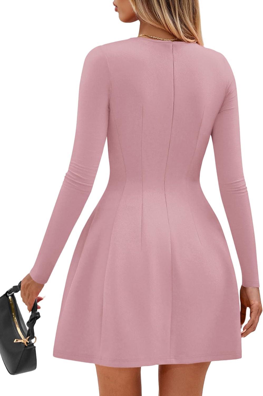 imagePRETTYGARDEN Long Sleeve Mini Dress for Women 2026 Spring Crewneck Knit Pleated Babydoll A Line Casual Short Party DressesPink