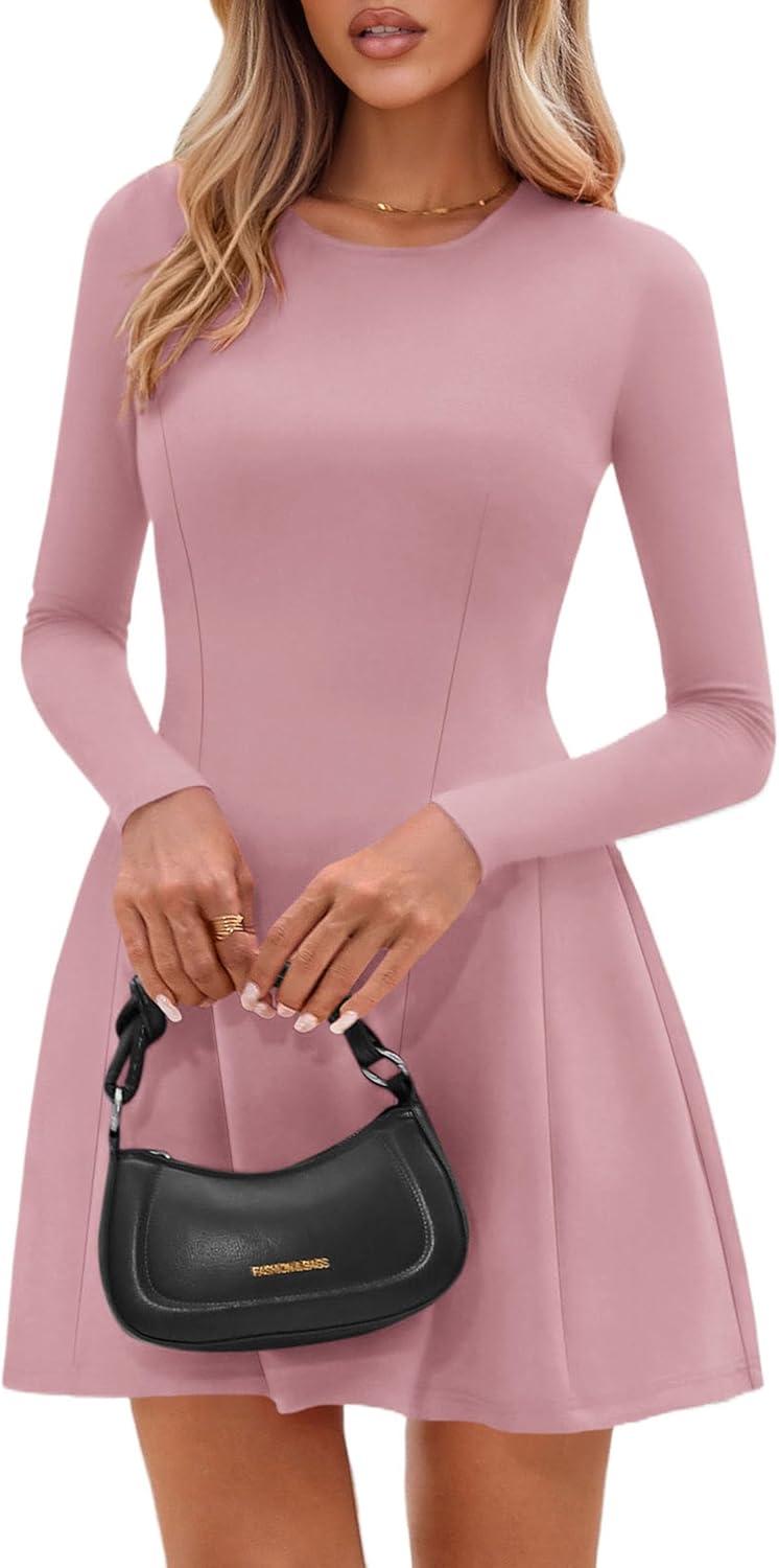 imagePRETTYGARDEN Long Sleeve Mini Dress for Women 2026 Spring Crewneck Knit Pleated Babydoll A Line Casual Short Party DressesPink