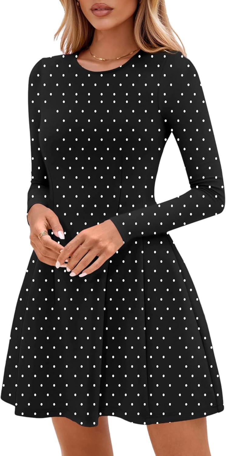 imagePRETTYGARDEN Long Sleeve Mini Dress for Women 2026 Spring Crewneck Knit Pleated Babydoll A Line Casual Short Party DressesPolka Dot Black White