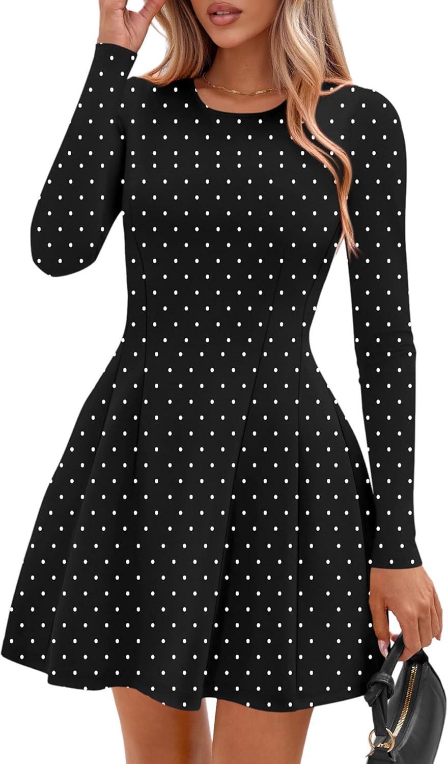 imagePRETTYGARDEN Long Sleeve Mini Dress for Women 2026 Spring Crewneck Knit Pleated Babydoll A Line Casual Short Party DressesPolka Dot Black White