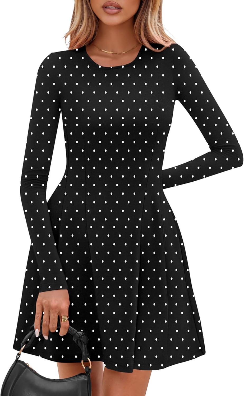 imagePRETTYGARDEN Long Sleeve Mini Dress for Women 2026 Spring Crewneck Knit Pleated Babydoll A Line Casual Short Party DressesPolka Dot Black White