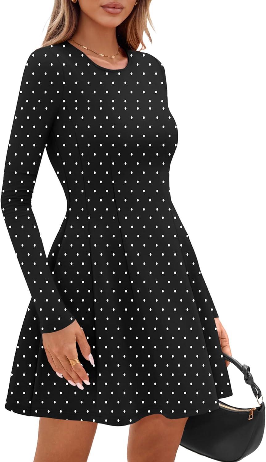 imagePRETTYGARDEN Long Sleeve Mini Dress for Women 2026 Spring Crewneck Knit Pleated Babydoll A Line Casual Short Party DressesPolka Dot Black White