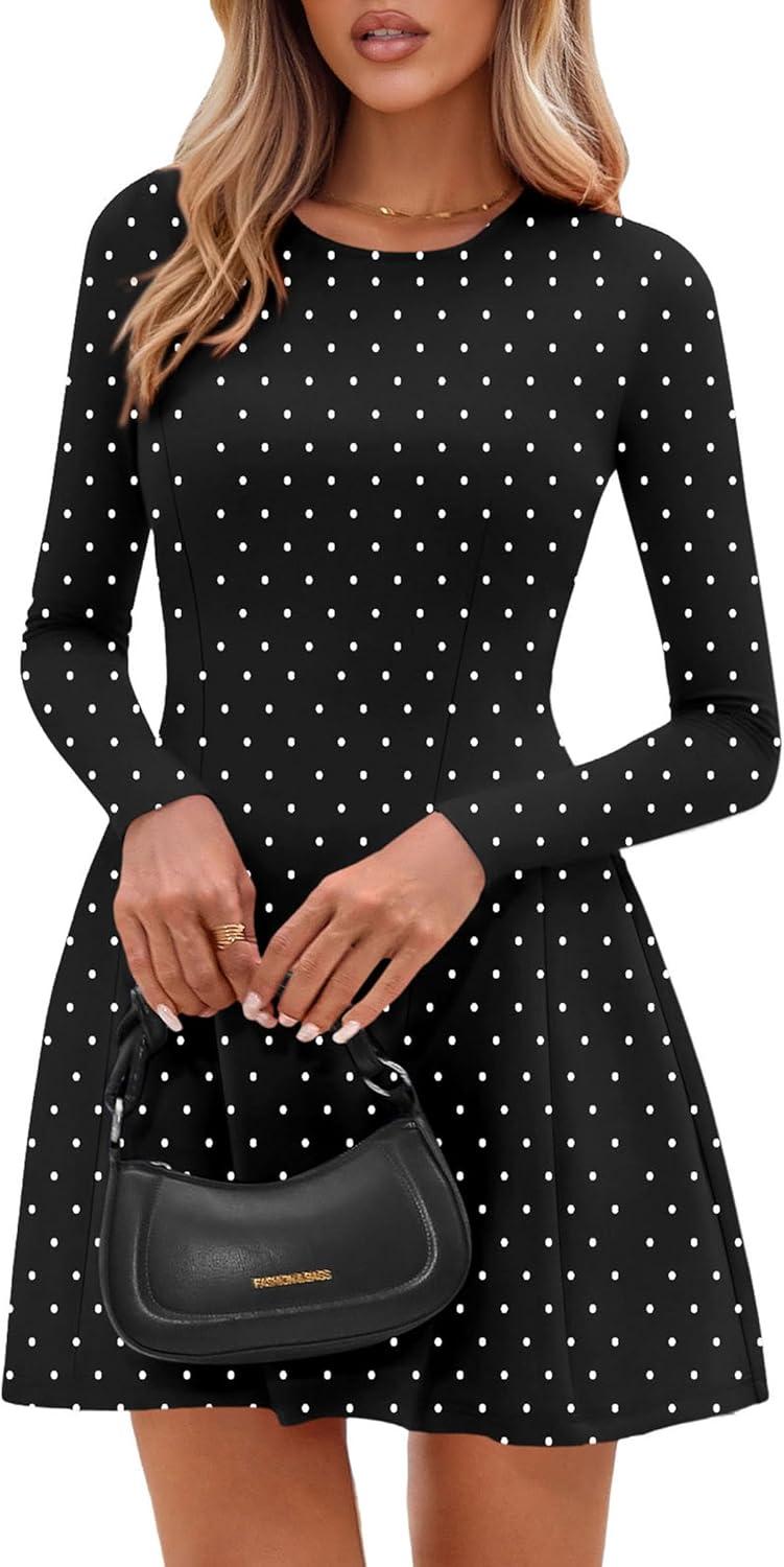 imagePRETTYGARDEN Long Sleeve Mini Dress for Women 2026 Spring Crewneck Knit Pleated Babydoll A Line Casual Short Party DressesPolka Dot Black White