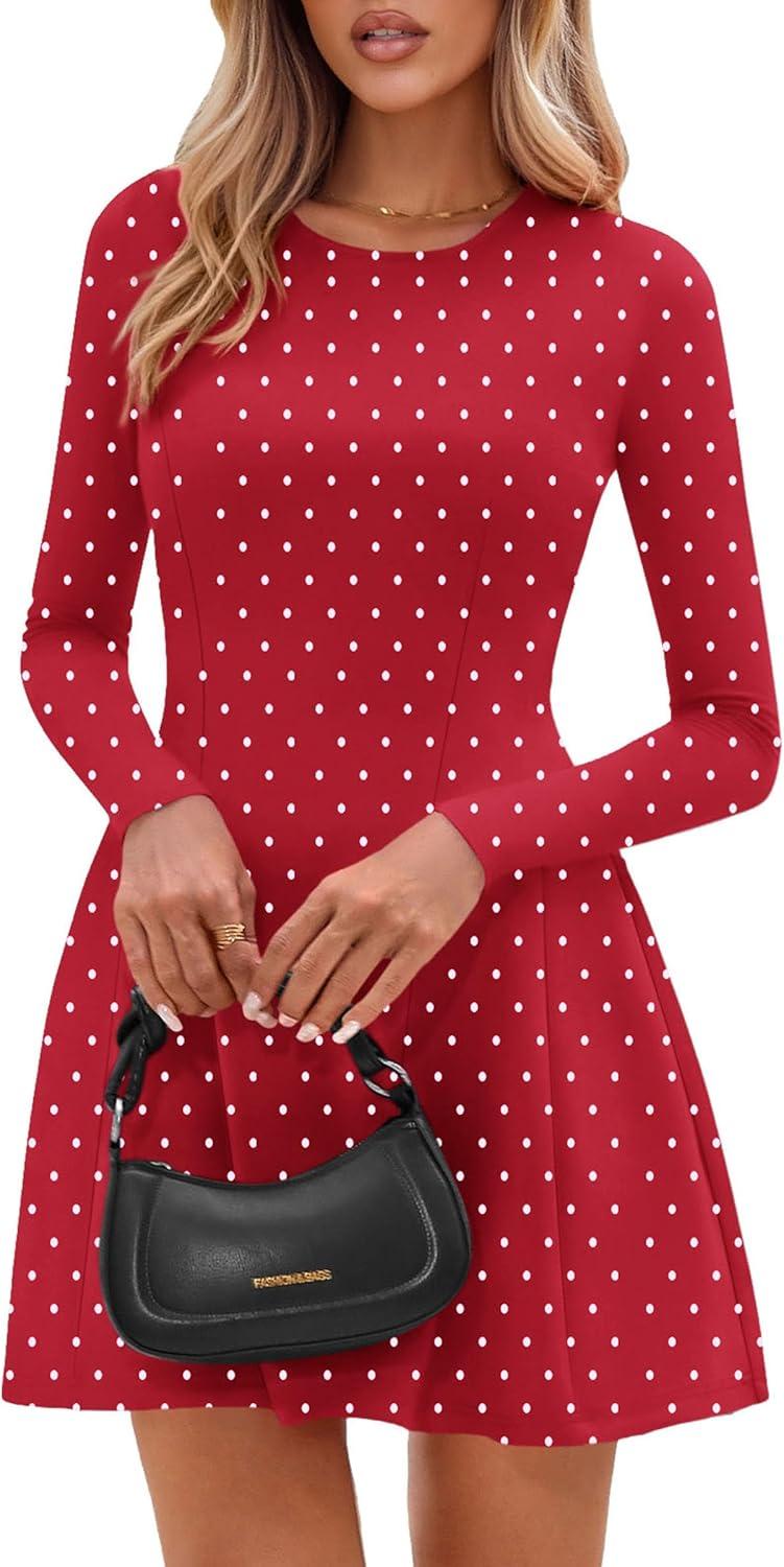 imagePRETTYGARDEN Long Sleeve Mini Dress for Women 2026 Spring Crewneck Knit Pleated Babydoll A Line Casual Short Party DressesPolka Dot Red White