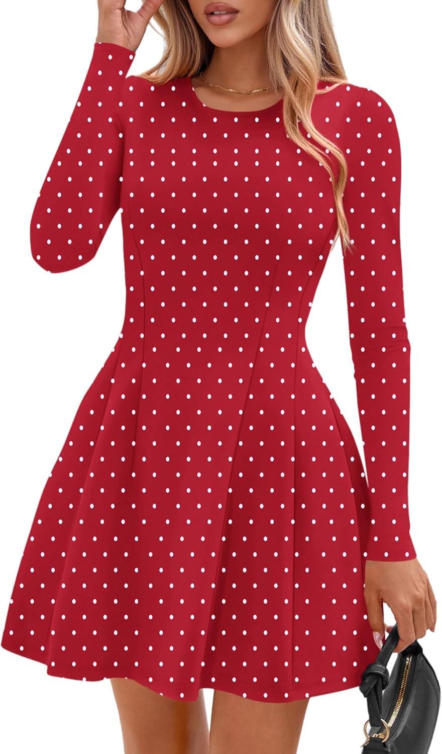 imagePRETTYGARDEN Long Sleeve Mini Dress for Women 2026 Spring Crewneck Knit Pleated Babydoll A Line Casual Short Party DressesPolka Dot Red White