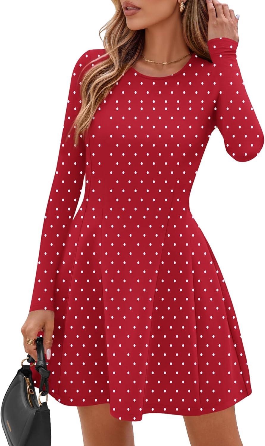 imagePRETTYGARDEN Long Sleeve Mini Dress for Women 2026 Spring Crewneck Knit Pleated Babydoll A Line Casual Short Party DressesPolka Dot Red White