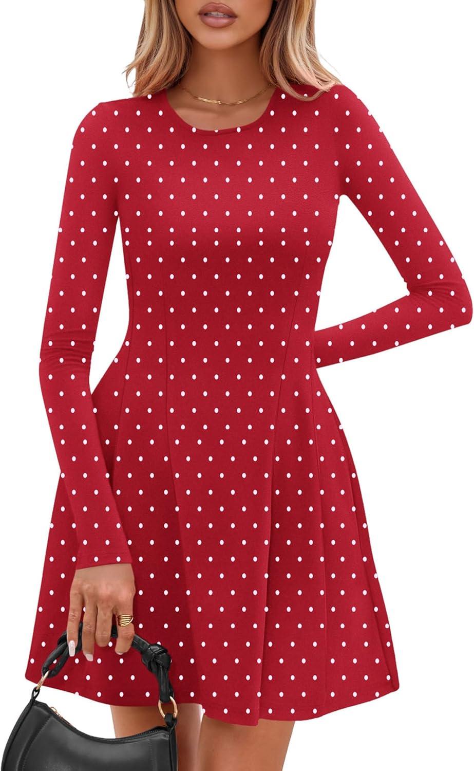 imagePRETTYGARDEN Long Sleeve Mini Dress for Women 2026 Spring Crewneck Knit Pleated Babydoll A Line Casual Short Party DressesPolka Dot Red White
