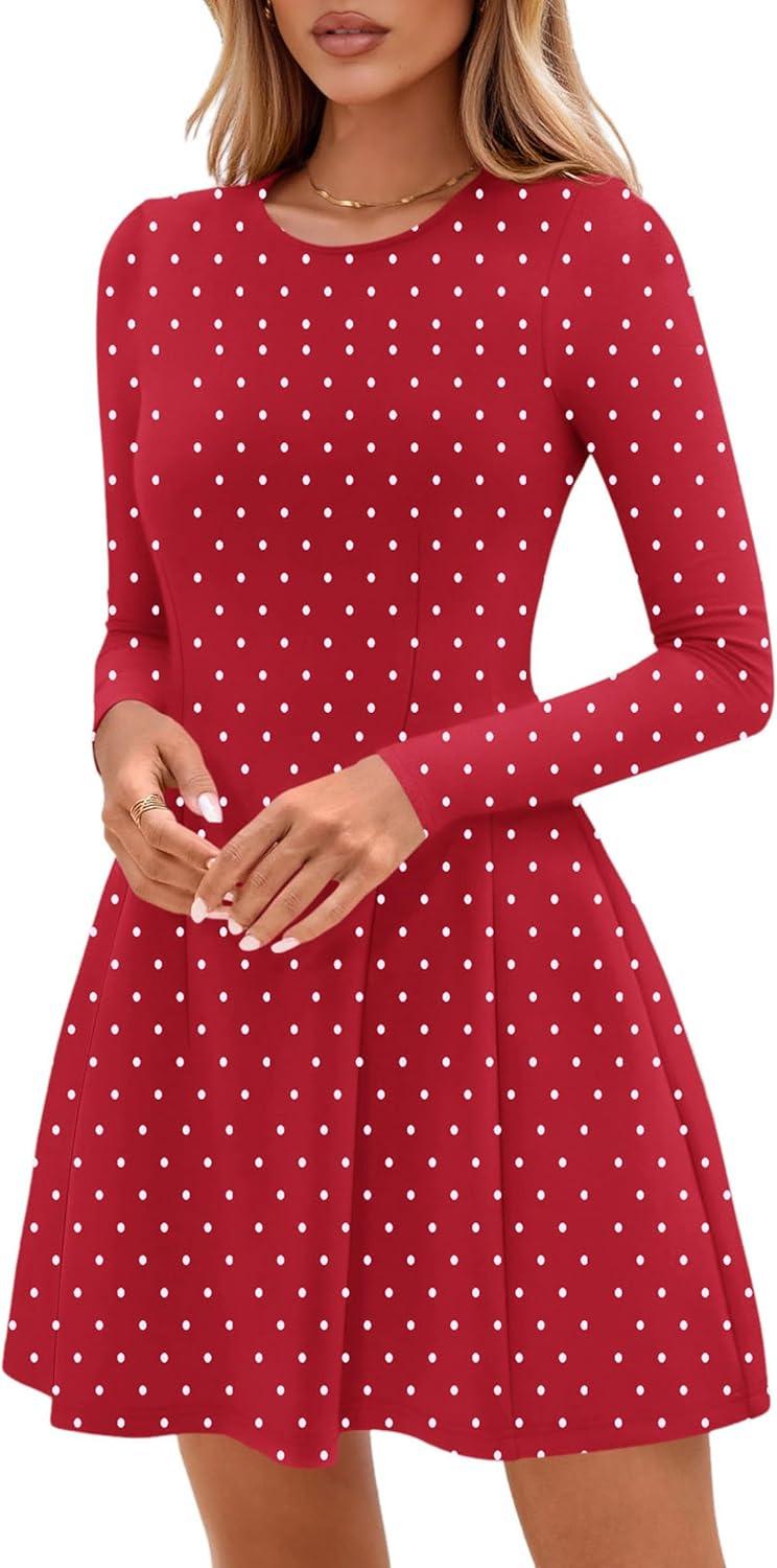 imagePRETTYGARDEN Long Sleeve Mini Dress for Women 2026 Spring Crewneck Knit Pleated Babydoll A Line Casual Short Party DressesPolka Dot Red White