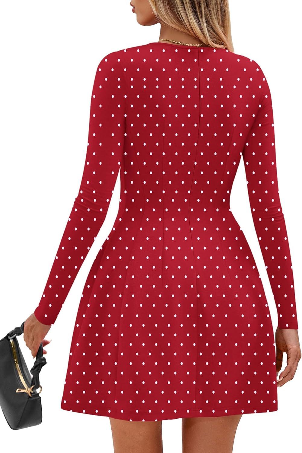 imagePRETTYGARDEN Long Sleeve Mini Dress for Women 2026 Spring Crewneck Knit Pleated Babydoll A Line Casual Short Party DressesPolka Dot Red White