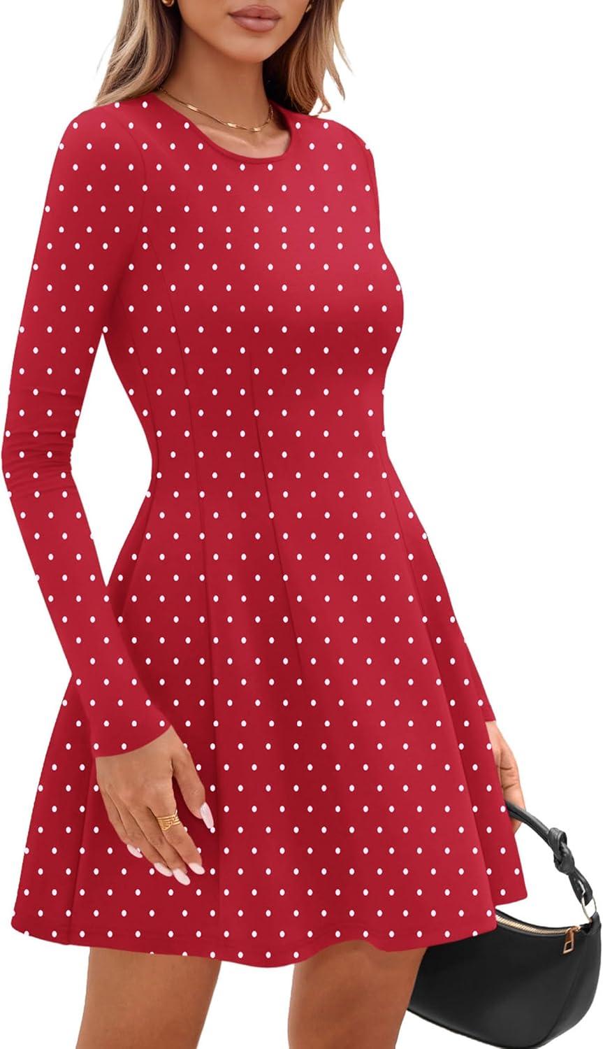 imagePRETTYGARDEN Long Sleeve Mini Dress for Women 2026 Spring Crewneck Knit Pleated Babydoll A Line Casual Short Party DressesPolka Dot Red White