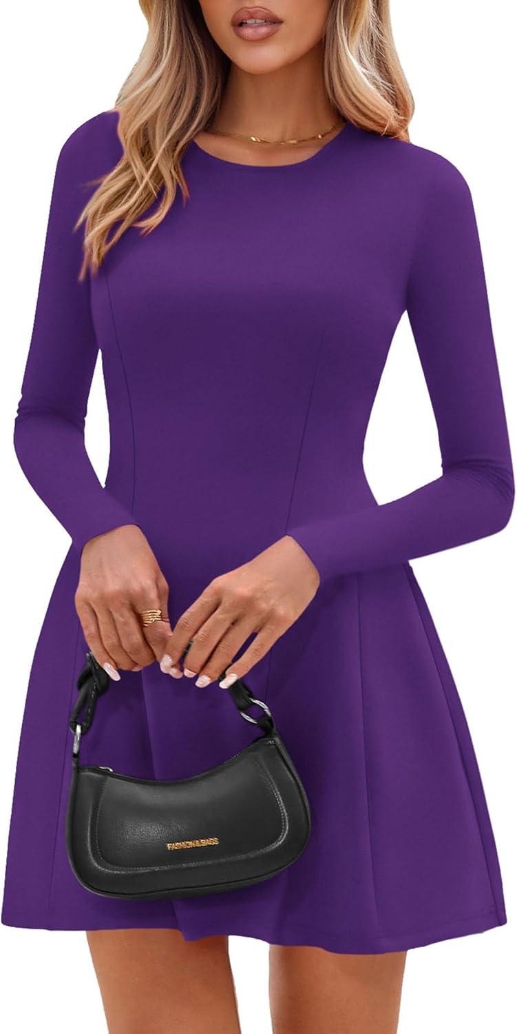 imagePRETTYGARDEN Long Sleeve Mini Dress for Women 2026 Spring Crewneck Knit Pleated Babydoll A Line Casual Short Party DressesPurple