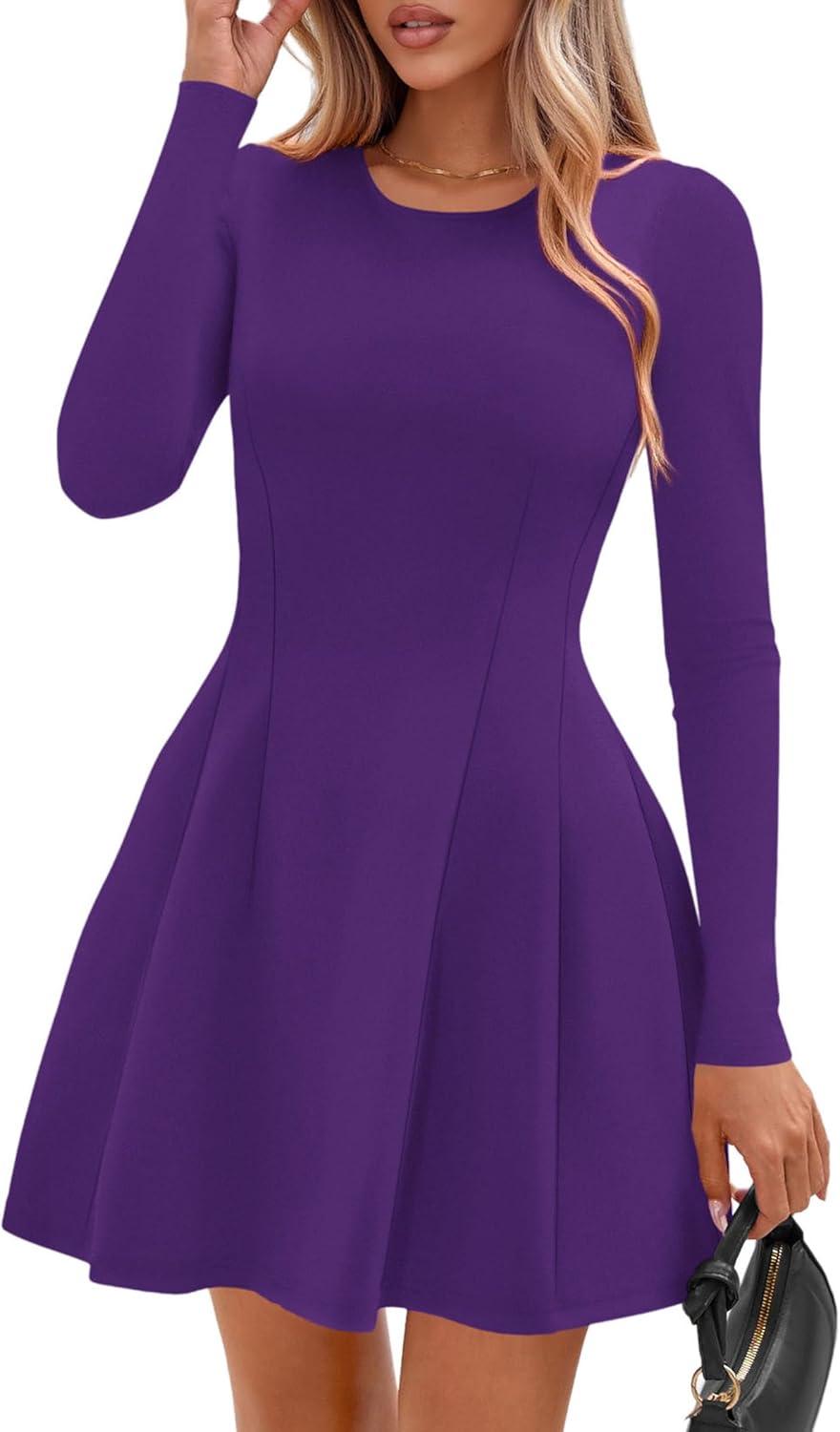 imagePRETTYGARDEN Long Sleeve Mini Dress for Women 2026 Spring Crewneck Knit Pleated Babydoll A Line Casual Short Party DressesPurple