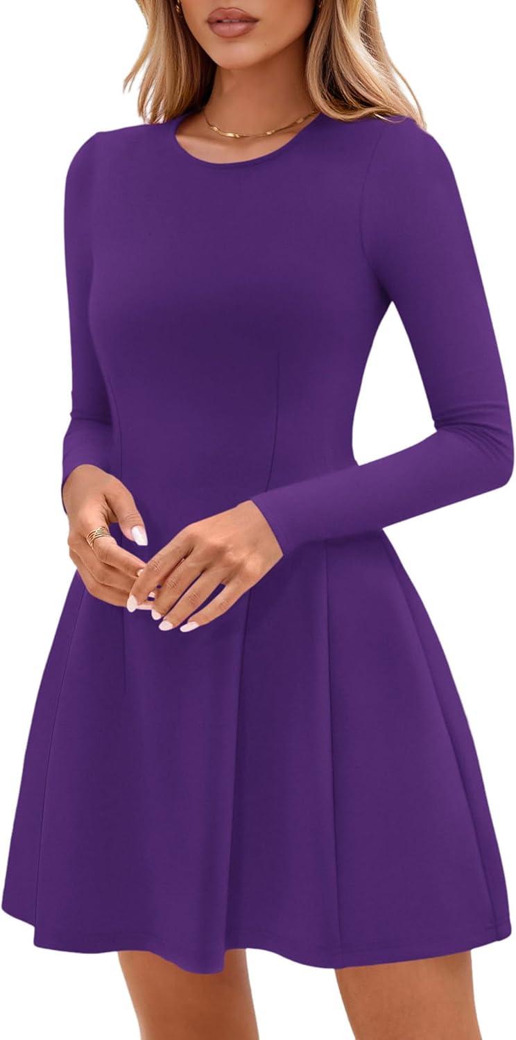 imagePRETTYGARDEN Long Sleeve Mini Dress for Women 2026 Spring Crewneck Knit Pleated Babydoll A Line Casual Short Party DressesPurple
