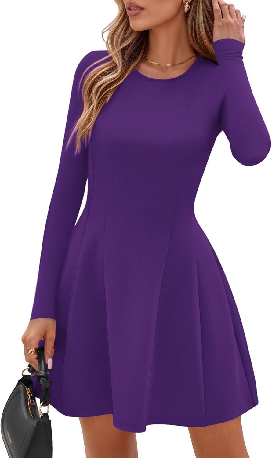 imagePRETTYGARDEN Long Sleeve Mini Dress for Women 2026 Spring Crewneck Knit Pleated Babydoll A Line Casual Short Party DressesPurple