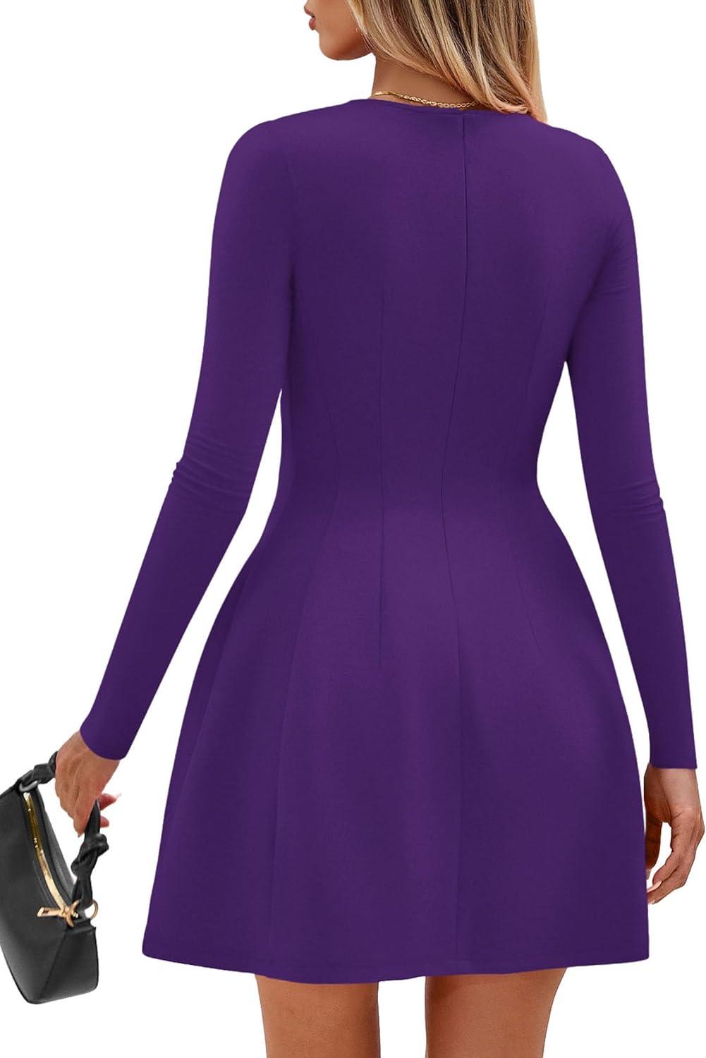 imagePRETTYGARDEN Long Sleeve Mini Dress for Women 2026 Spring Crewneck Knit Pleated Babydoll A Line Casual Short Party DressesPurple