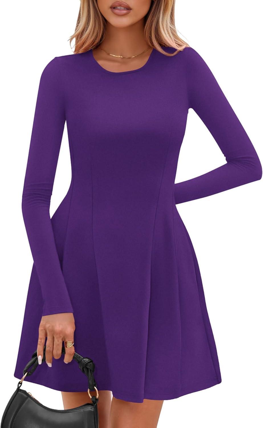 imagePRETTYGARDEN Long Sleeve Mini Dress for Women 2026 Spring Crewneck Knit Pleated Babydoll A Line Casual Short Party DressesPurple