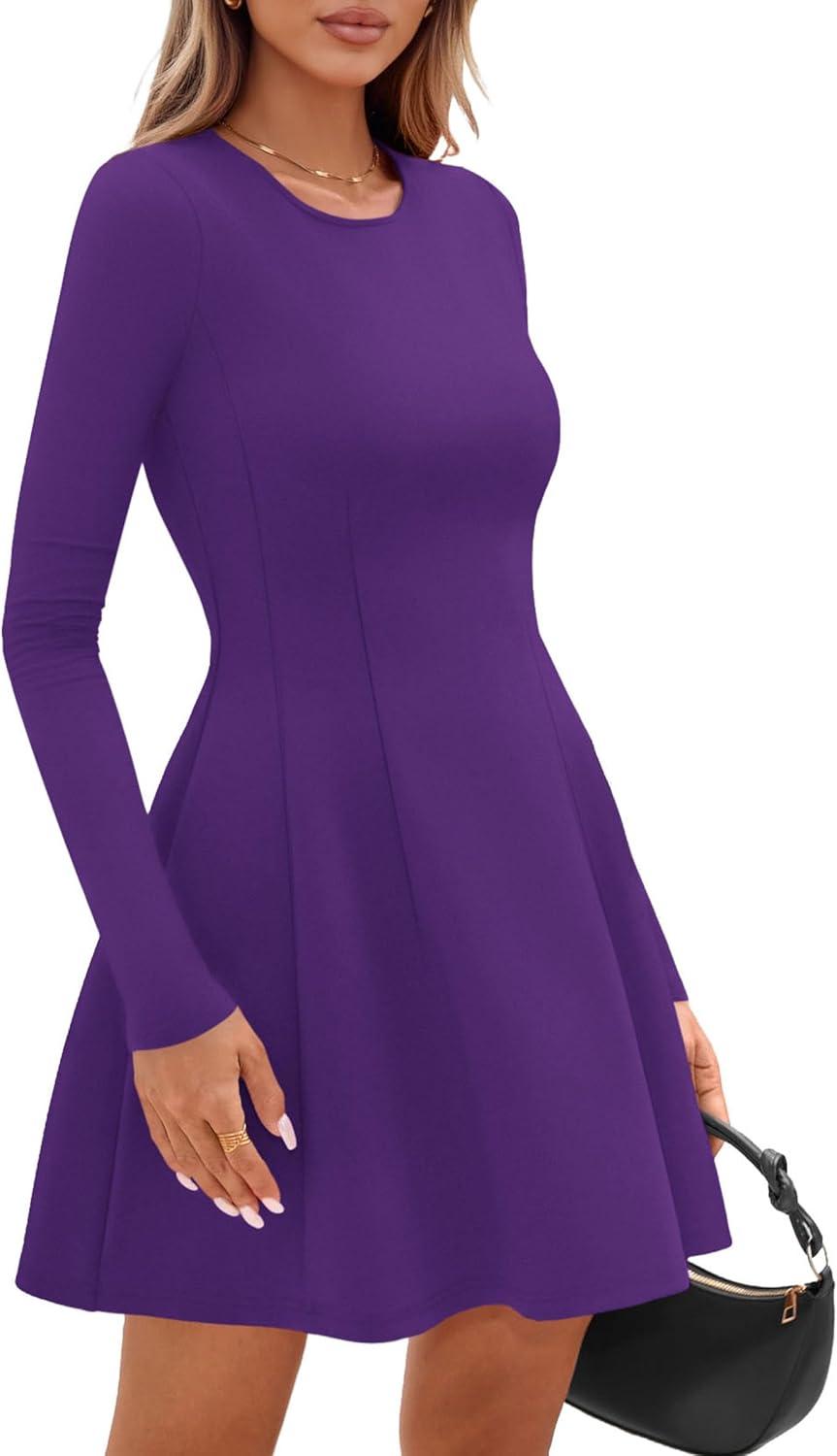 imagePRETTYGARDEN Long Sleeve Mini Dress for Women 2026 Spring Crewneck Knit Pleated Babydoll A Line Casual Short Party DressesPurple
