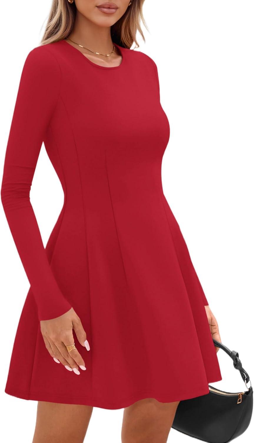 imagePRETTYGARDEN Long Sleeve Mini Dress for Women 2026 Spring Crewneck Knit Pleated Babydoll A Line Casual Short Party DressesRed