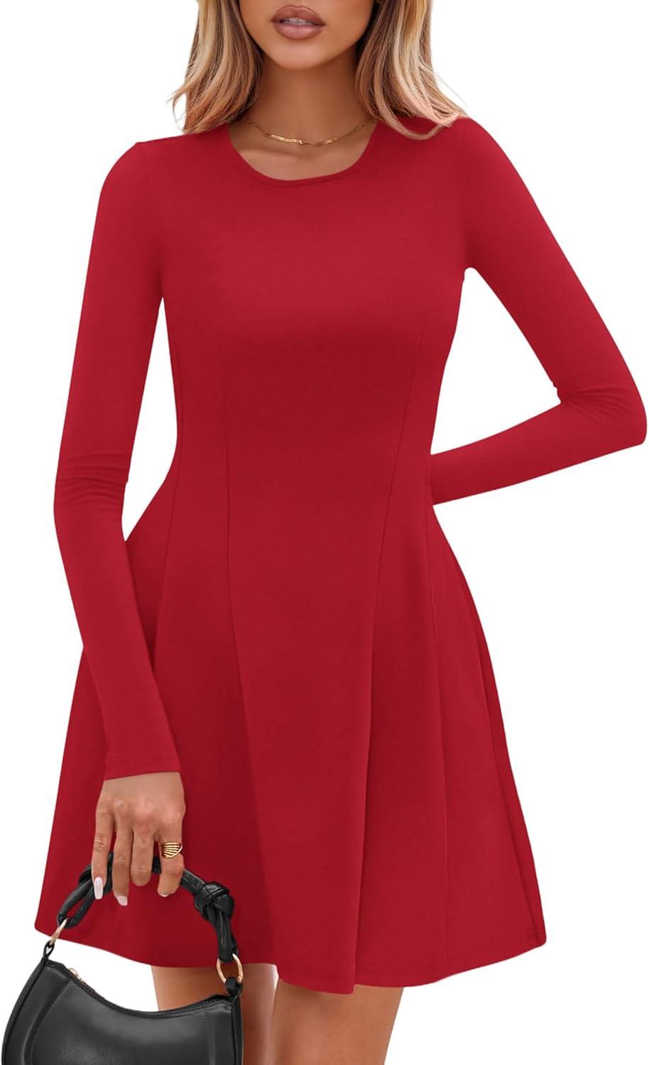 imagePRETTYGARDEN Long Sleeve Mini Dress for Women 2026 Spring Crewneck Knit Pleated Babydoll A Line Casual Short Party DressesRed