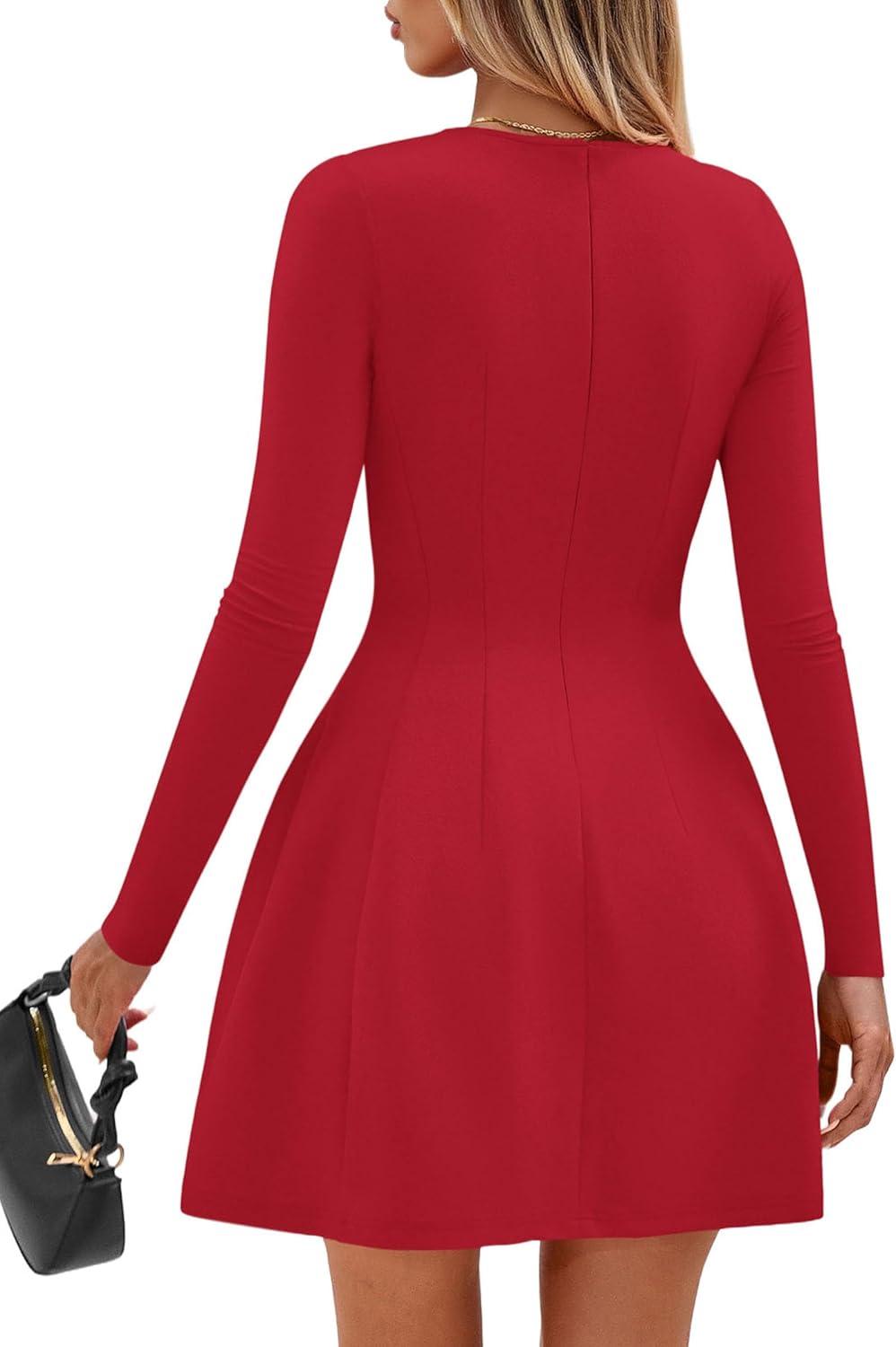 imagePRETTYGARDEN Long Sleeve Mini Dress for Women 2026 Spring Crewneck Knit Pleated Babydoll A Line Casual Short Party DressesRed