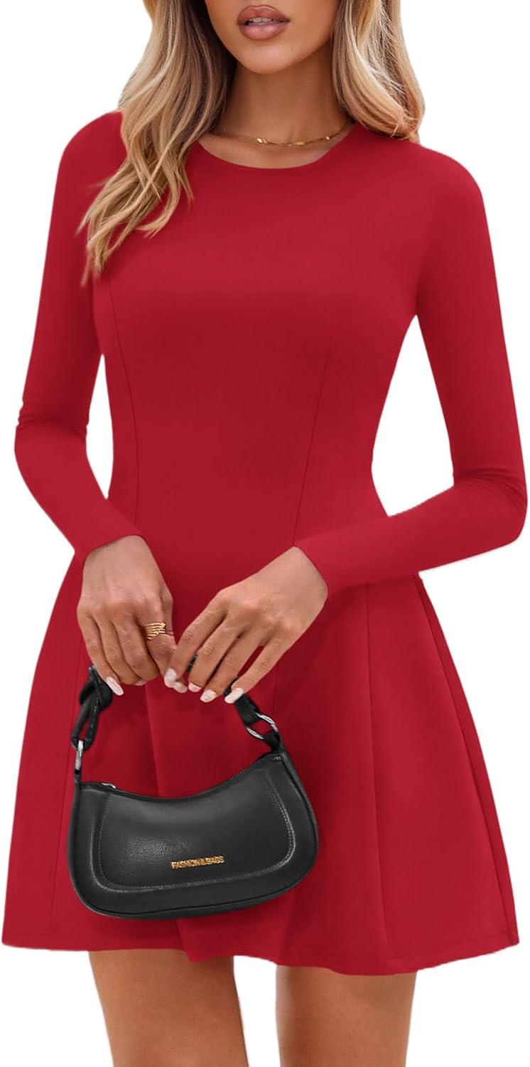 imagePRETTYGARDEN Long Sleeve Mini Dress for Women 2026 Spring Crewneck Knit Pleated Babydoll A Line Casual Short Party DressesRed