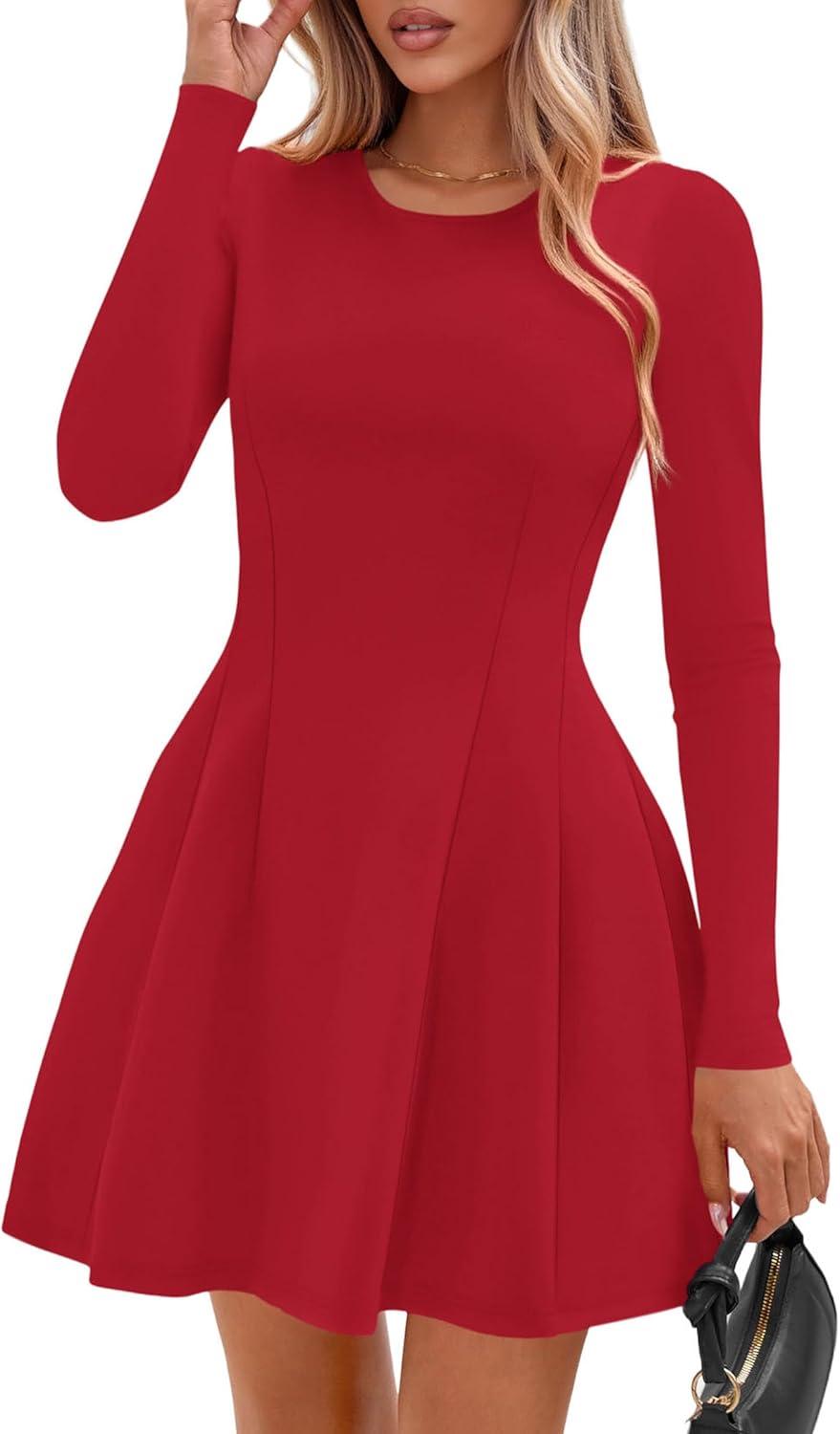 imagePRETTYGARDEN Long Sleeve Mini Dress for Women 2026 Spring Crewneck Knit Pleated Babydoll A Line Casual Short Party DressesRed