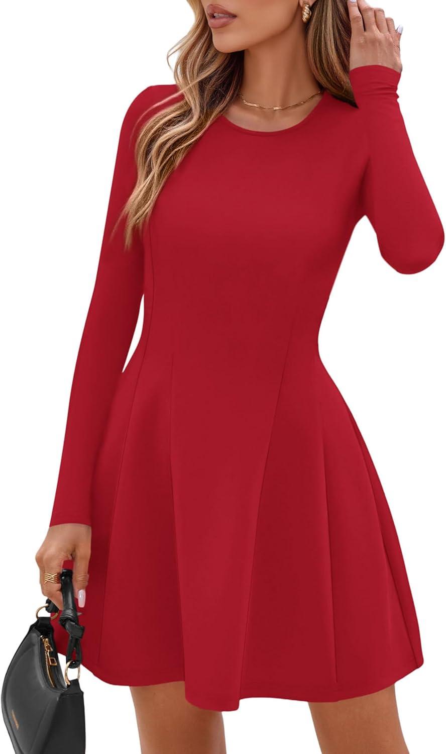 imagePRETTYGARDEN Long Sleeve Mini Dress for Women 2026 Spring Crewneck Knit Pleated Babydoll A Line Casual Short Party DressesRed