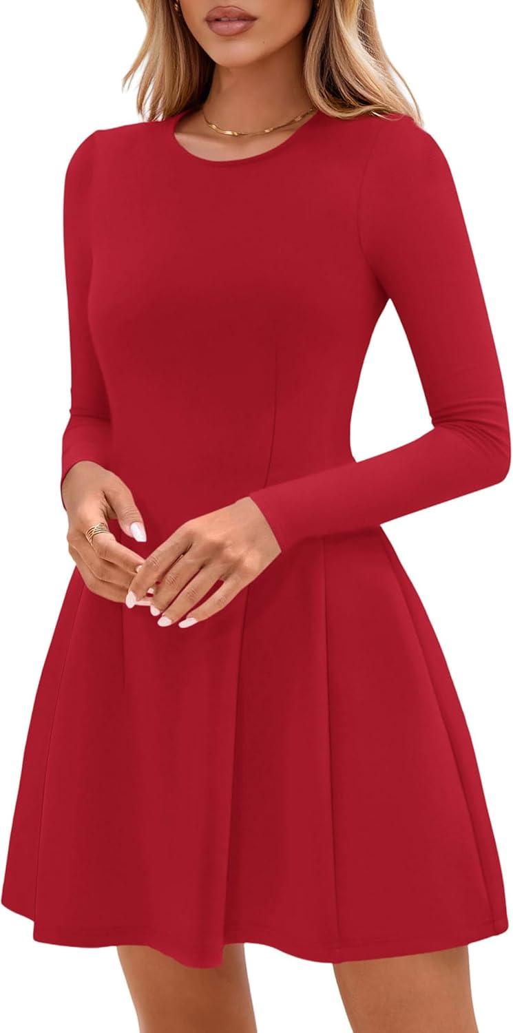 imagePRETTYGARDEN Long Sleeve Mini Dress for Women 2026 Spring Crewneck Knit Pleated Babydoll A Line Casual Short Party DressesRed
