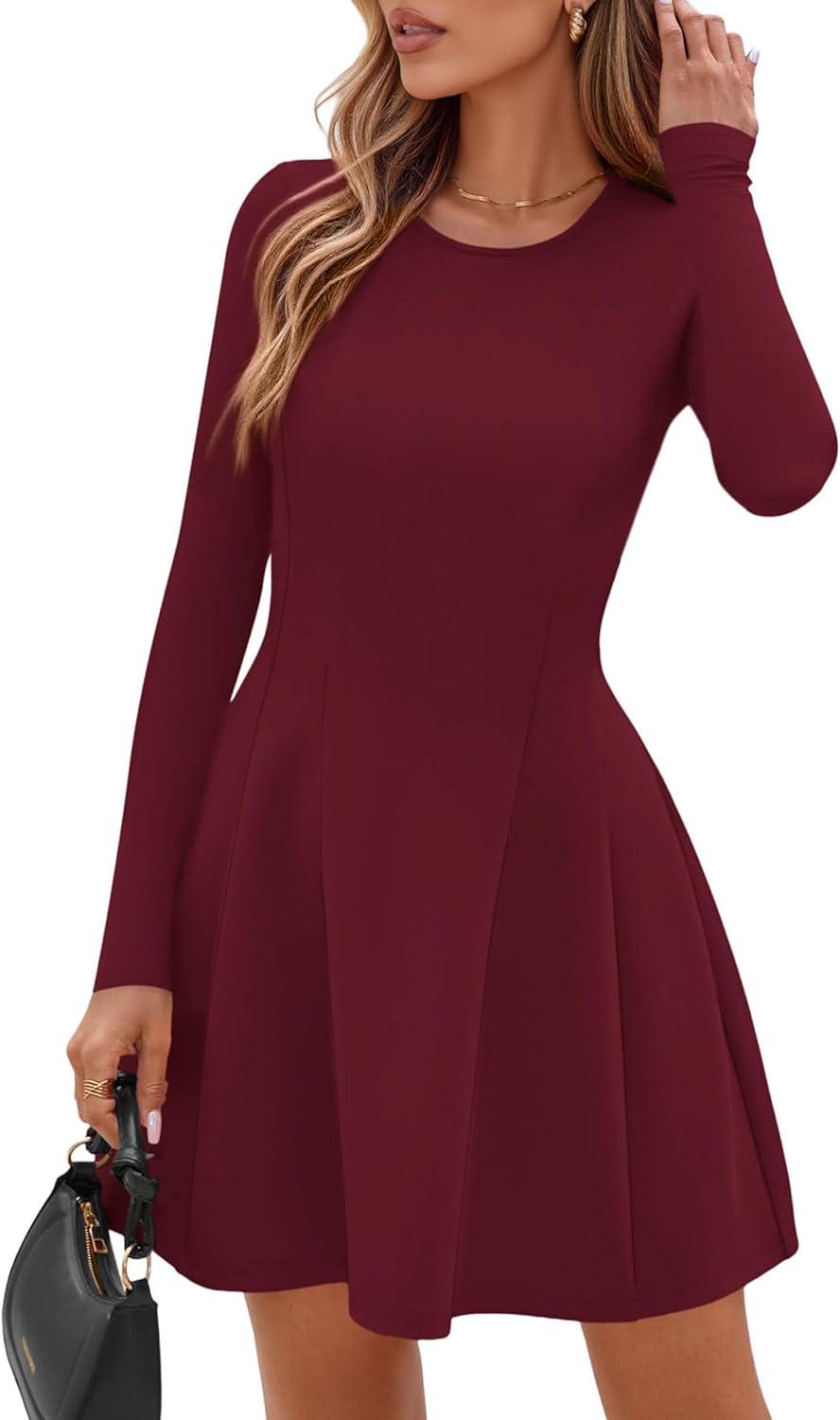 imagePRETTYGARDEN Long Sleeve Mini Dress for Women 2026 Spring Crewneck Knit Pleated Babydoll A Line Casual Short Party DressesWine Red