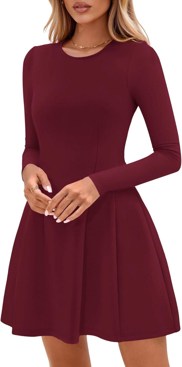 imagePRETTYGARDEN Long Sleeve Mini Dress for Women 2026 Spring Crewneck Knit Pleated Babydoll A Line Casual Short Party DressesWine Red