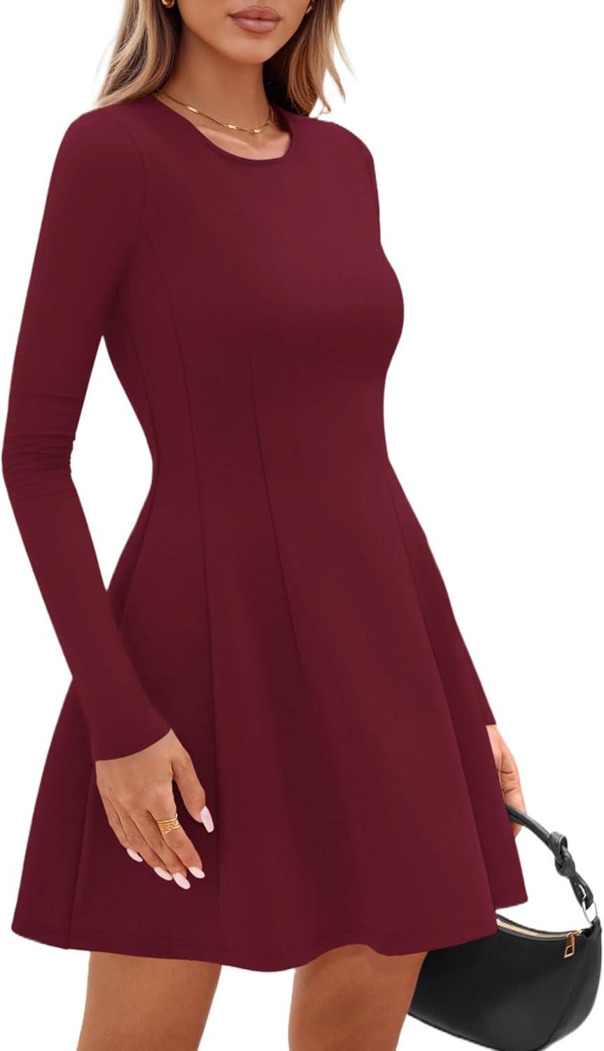 imagePRETTYGARDEN Long Sleeve Mini Dress for Women 2026 Spring Crewneck Knit Pleated Babydoll A Line Casual Short Party DressesWine Red