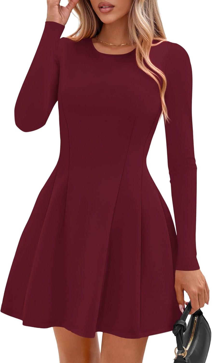 imagePRETTYGARDEN Long Sleeve Mini Dress for Women 2026 Spring Crewneck Knit Pleated Babydoll A Line Casual Short Party DressesWine Red
