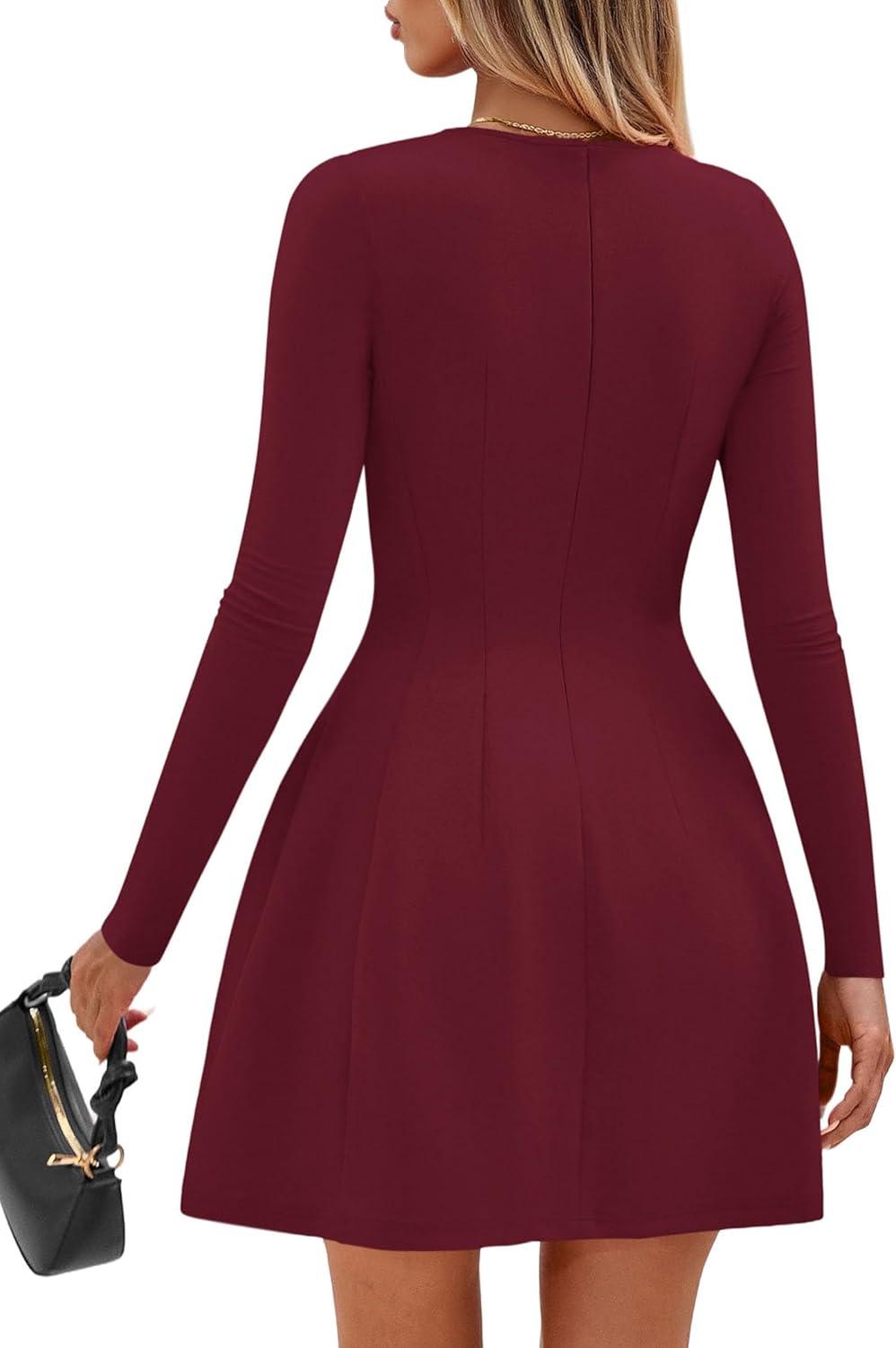 imagePRETTYGARDEN Long Sleeve Mini Dress for Women 2026 Spring Crewneck Knit Pleated Babydoll A Line Casual Short Party DressesWine Red