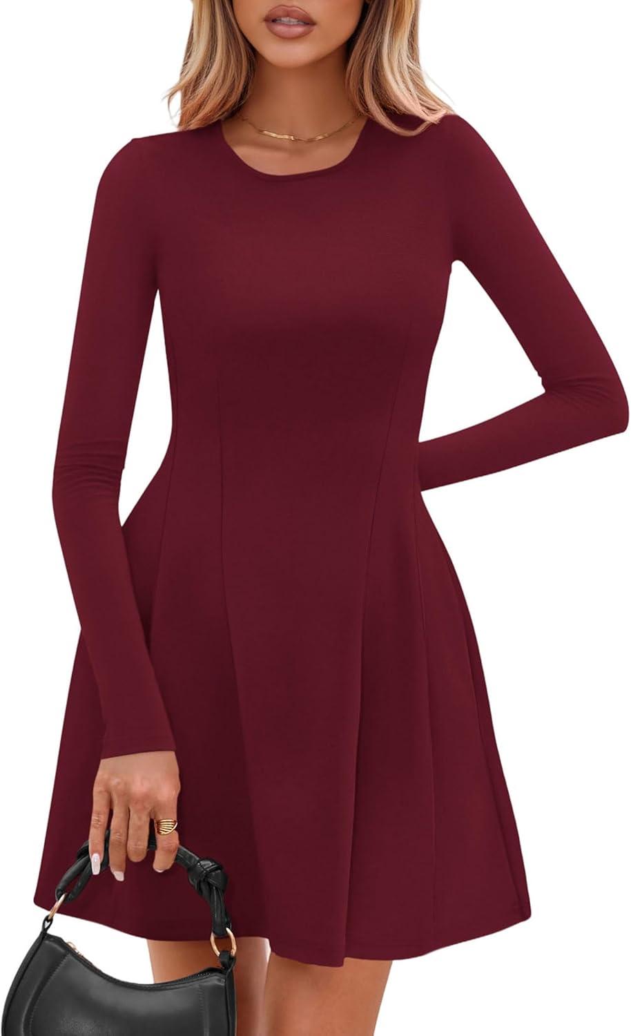 imagePRETTYGARDEN Long Sleeve Mini Dress for Women 2026 Spring Crewneck Knit Pleated Babydoll A Line Casual Short Party DressesWine Red