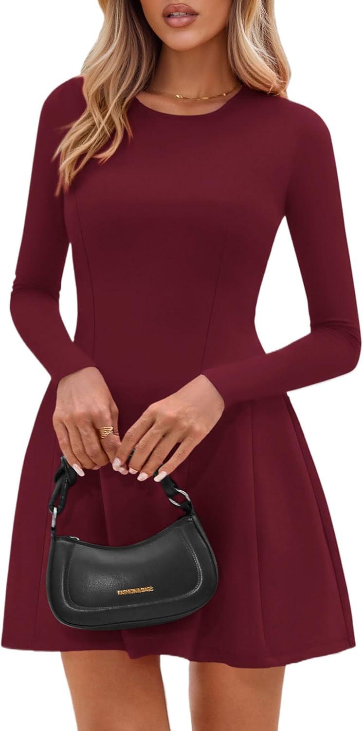 imagePRETTYGARDEN Long Sleeve Mini Dress for Women 2026 Spring Crewneck Knit Pleated Babydoll A Line Casual Short Party DressesWine Red