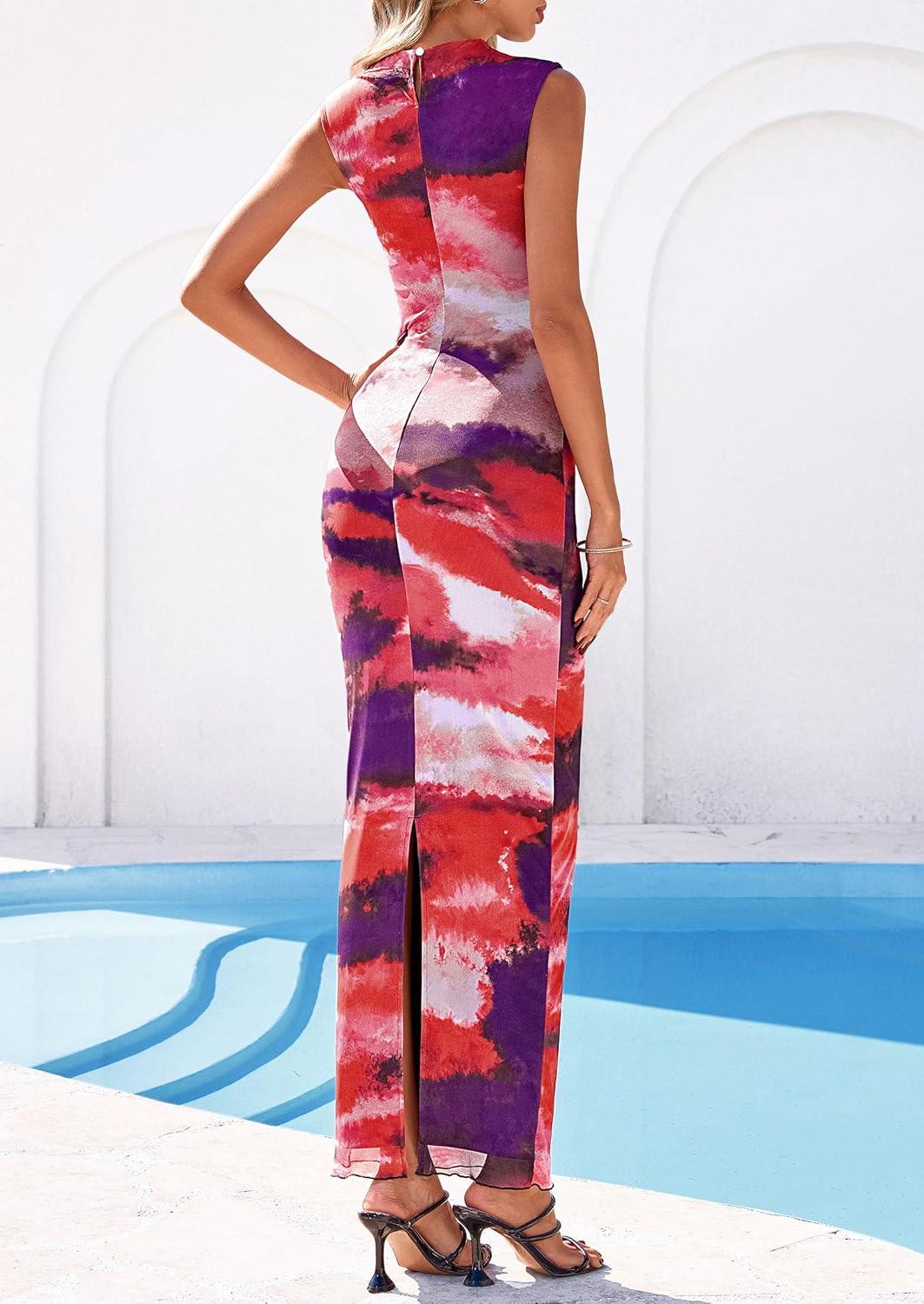 imagePRETTYGARDEN Summer Dresses for Women 2026 Sleeveless Bodycon Maxi Spring Mock Neck Tie Dye Mesh Cocktail Going Out DressFloral Pink Purple