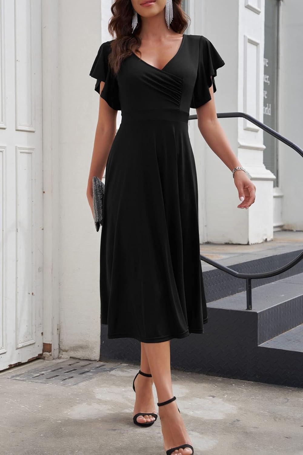 imagePRETTYGARDEN Summer Midi Dress 2026 Spring Ruffle Sleeve V Neck Cocktail Wedding Guest A Line Fit and Flared DressesBlack