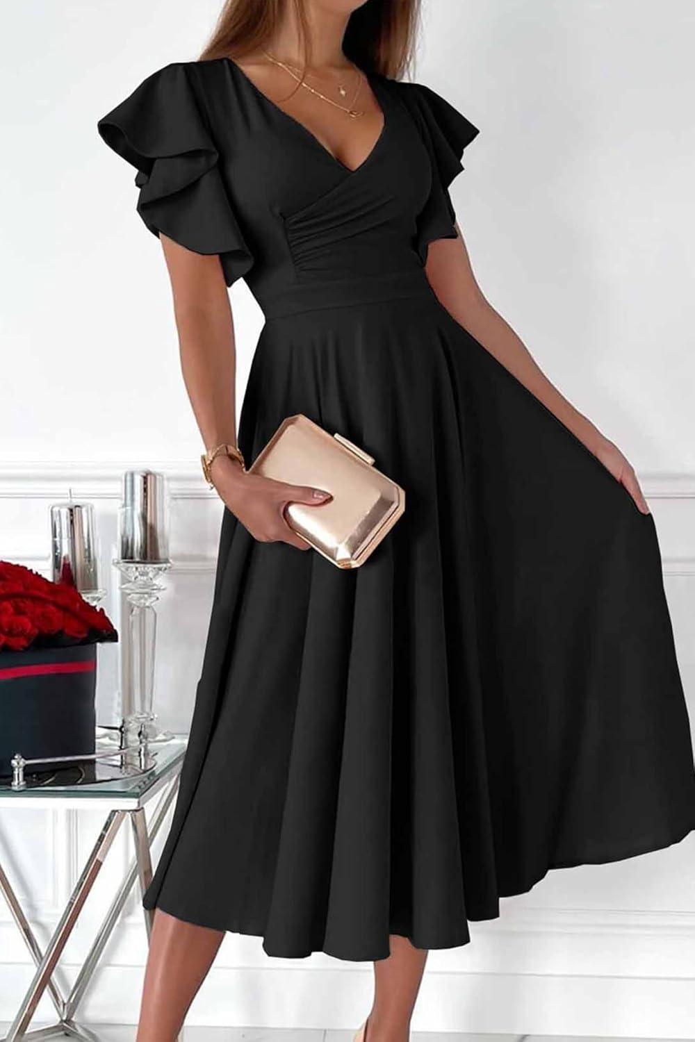 imagePRETTYGARDEN Summer Midi Dress 2026 Spring Ruffle Sleeve V Neck Cocktail Wedding Guest A Line Fit and Flared DressesBlack