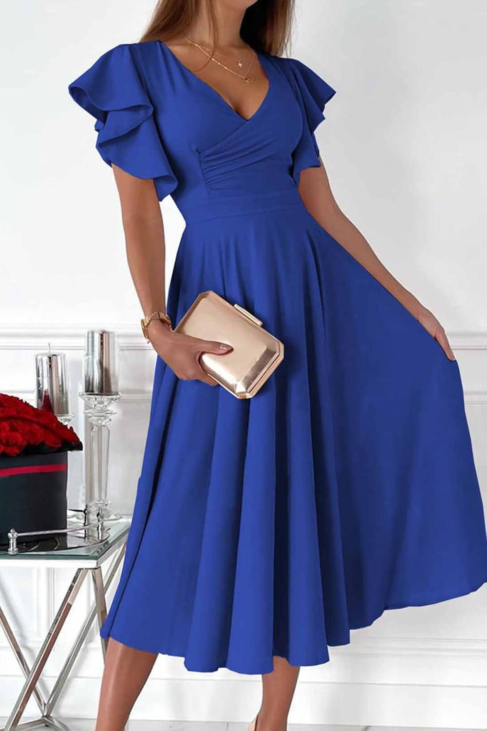 imagePRETTYGARDEN Summer Midi Dress 2026 Spring Ruffle Sleeve V Neck Cocktail Wedding Guest A Line Fit and Flared DressesBlue