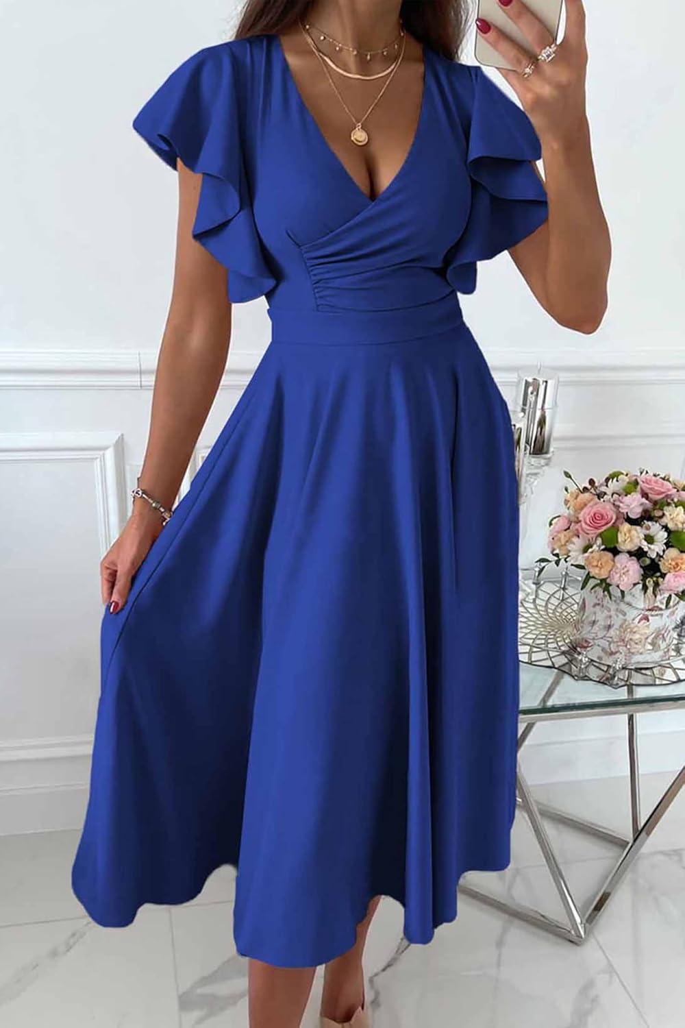 imagePRETTYGARDEN Summer Midi Dress 2026 Spring Ruffle Sleeve V Neck Cocktail Wedding Guest A Line Fit and Flared DressesBlue